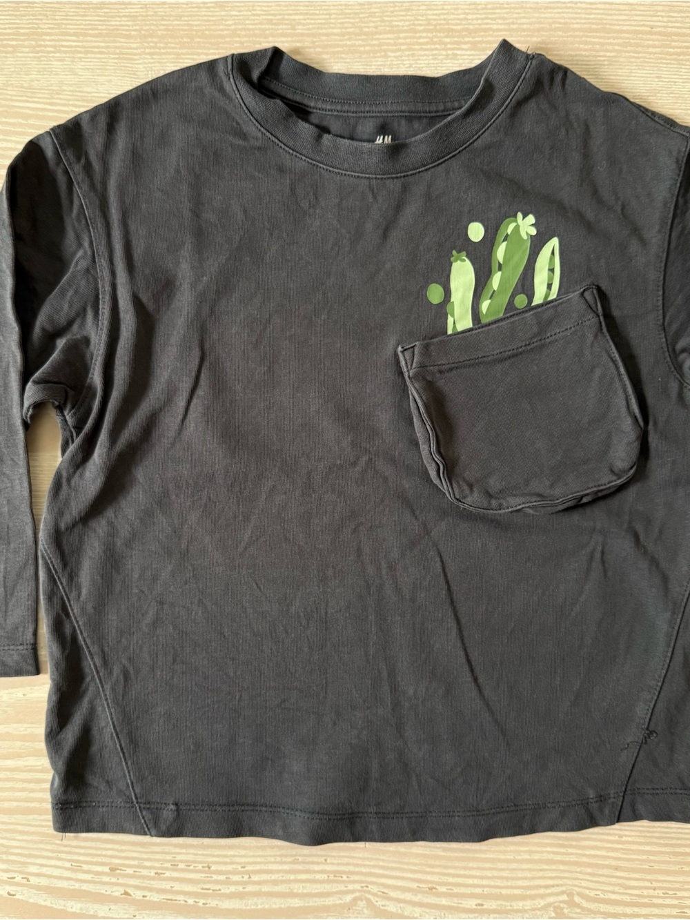 H&M Kids Grey Long-Sleeve Pocket Tee with Green Pea Pod Graphic